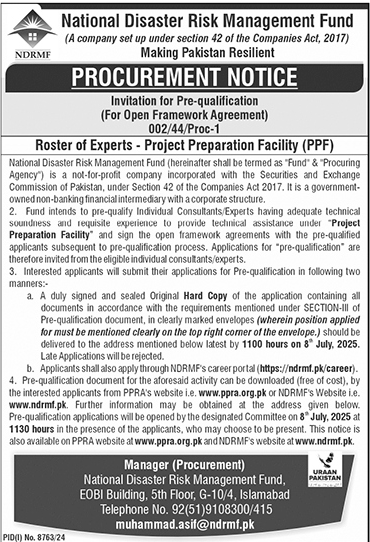 National Disaster Risk Management Fund Islamabad Tender Notice